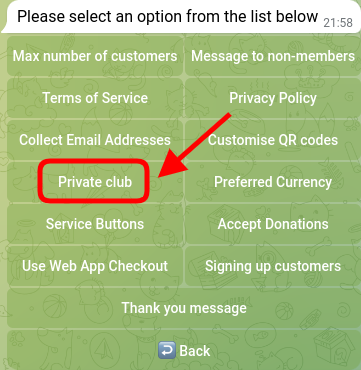 Screenshot showing the steps to enable Private Club feature in TGmembership
