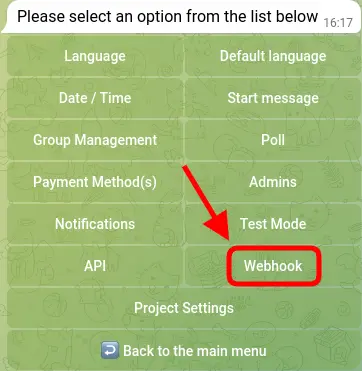 Screenshot of the Telegram bot settings menu with the "Webhook" submenu highlighted