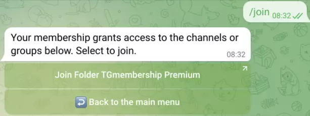 Screenshot of TGmembership bot sending a Chat Folder link to users