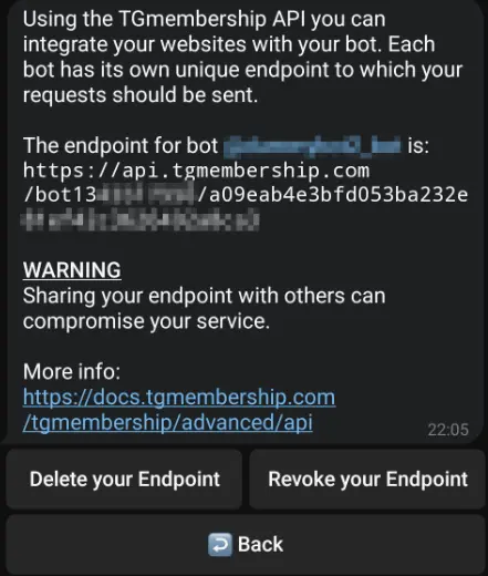 Screenshot of TGmembership API endpoint settings with "Delete Endpoint" and "Revoke Endpoint" buttons displayed.